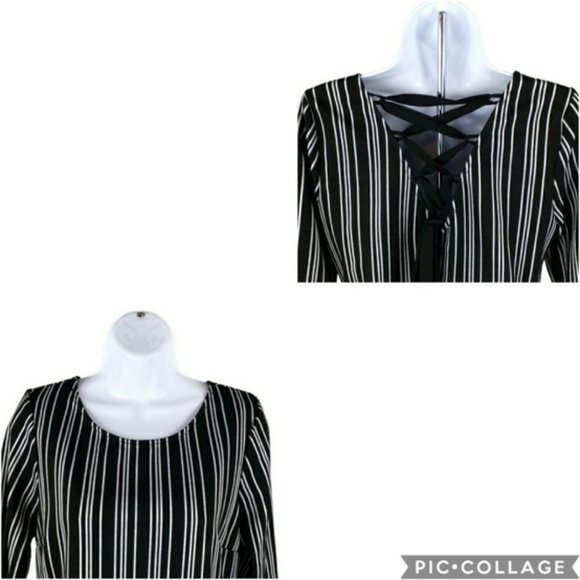 Speechless Black White Stripe Long Bell Sleeve Lace Up Back Mini Dress Womens M - Picture 8 of 10